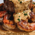 Delicious Surf and Turf dish featuring steak and seafood with creamy garlic sauce