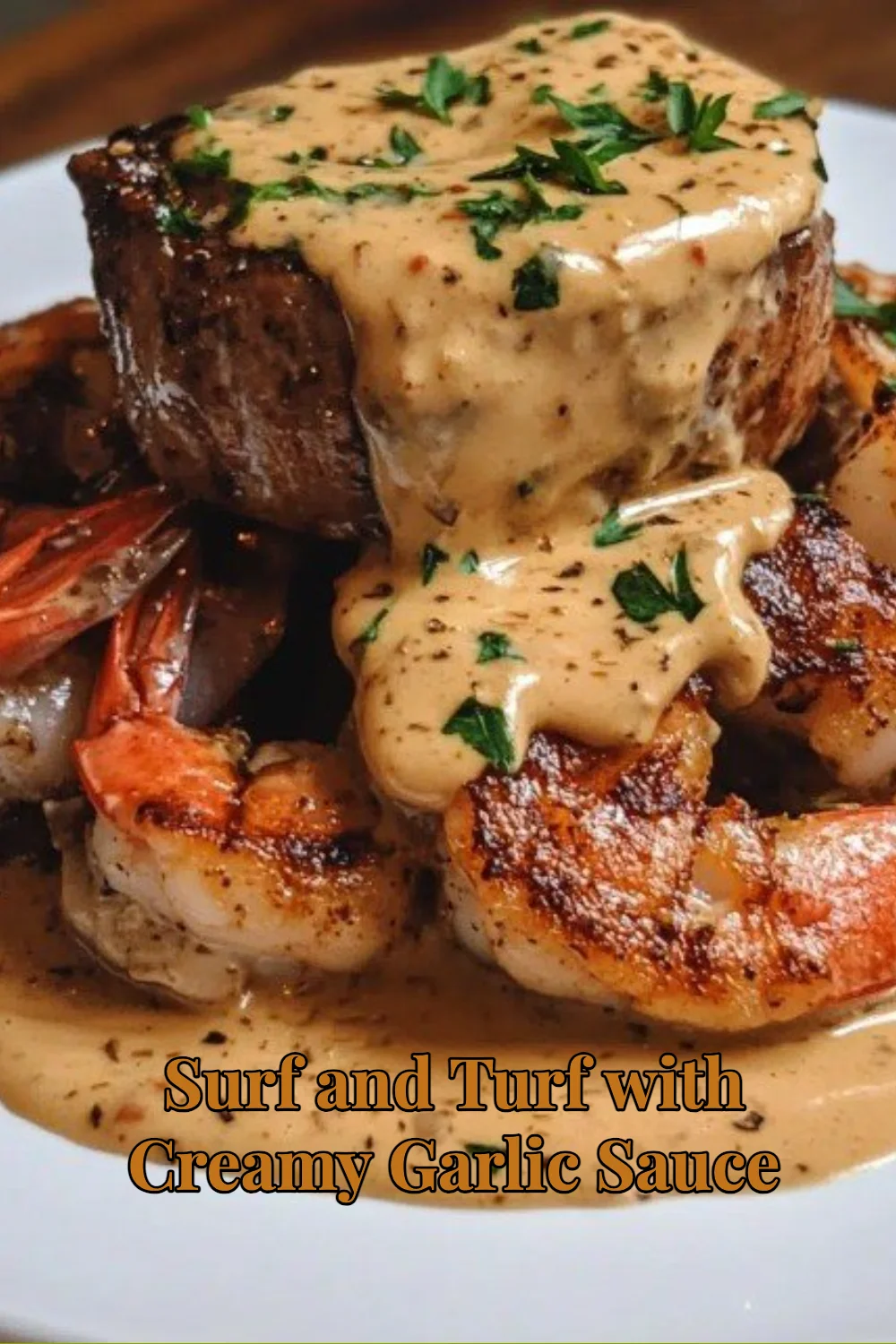 Delicious Surf and Turf dish featuring steak and seafood with creamy garlic sauce