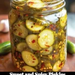 Homemade sweet and spicy pickles in a jar, showcasing vibrant colors and textures.
