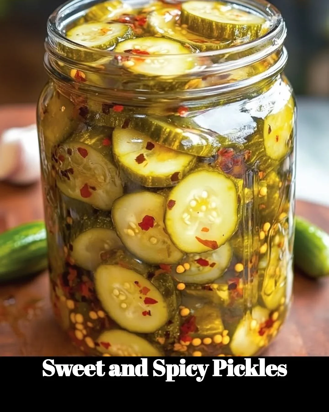 Homemade sweet and spicy pickles in a jar, showcasing vibrant colors and textures.