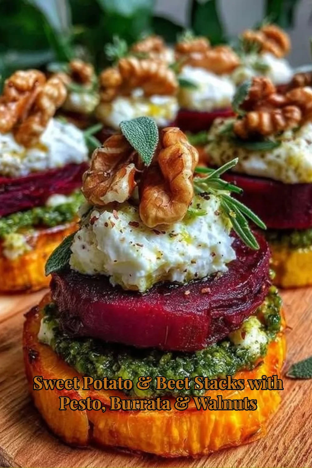 Sweet potato stacks with beet, pesto, and burrata topped with walnuts.