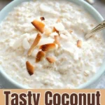 Bowl of tasty coconut cream oats topped with fresh fruits and nuts