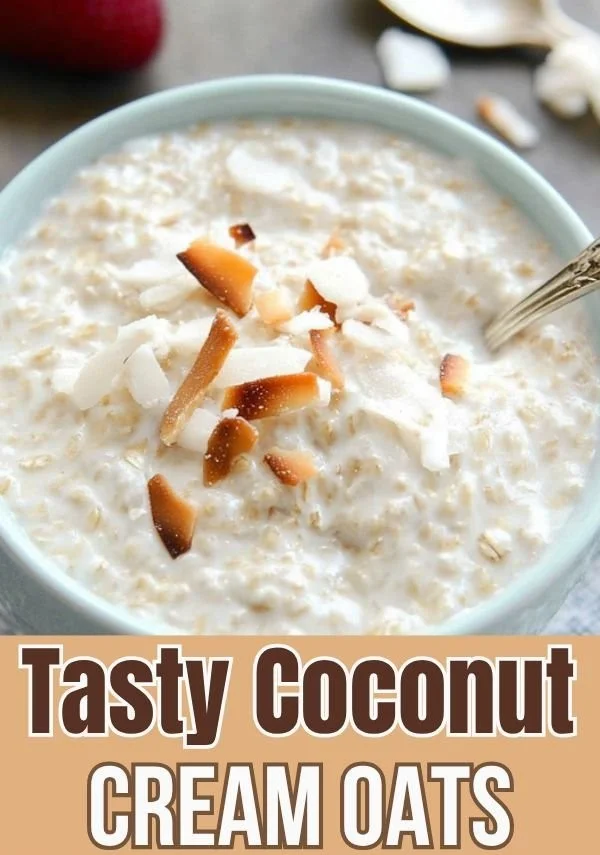 Bowl of tasty coconut cream oats topped with fresh fruits and nuts