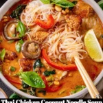 Bowl of Thai Chicken Coconut Noodle Soup with chicken, noodles, and coconut milk