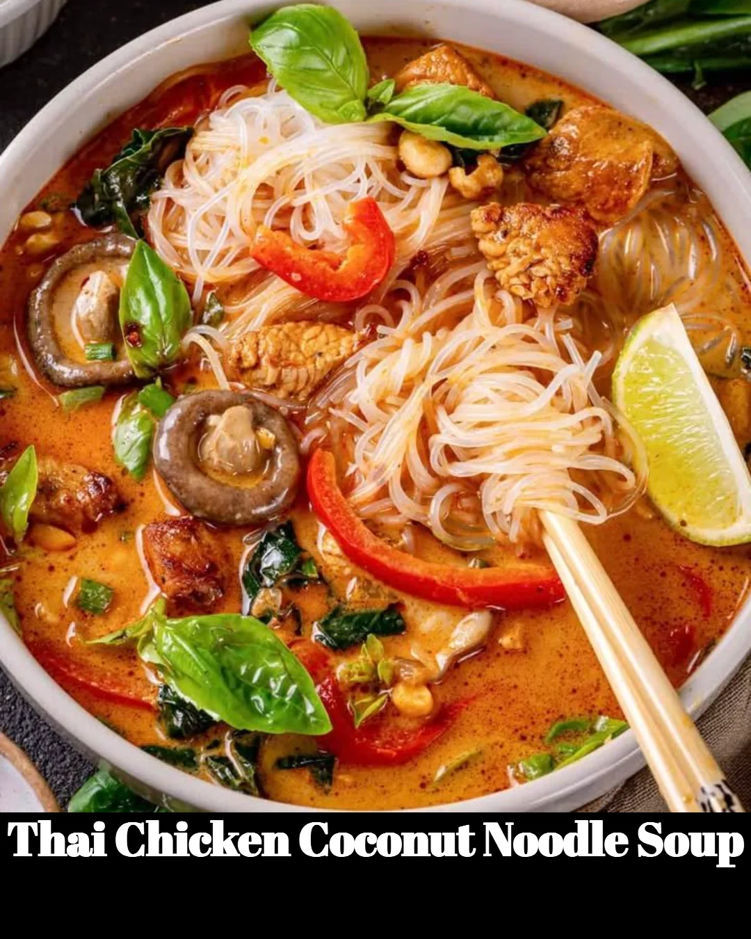 Bowl of Thai Chicken Coconut Noodle Soup with chicken, noodles, and coconut milk
