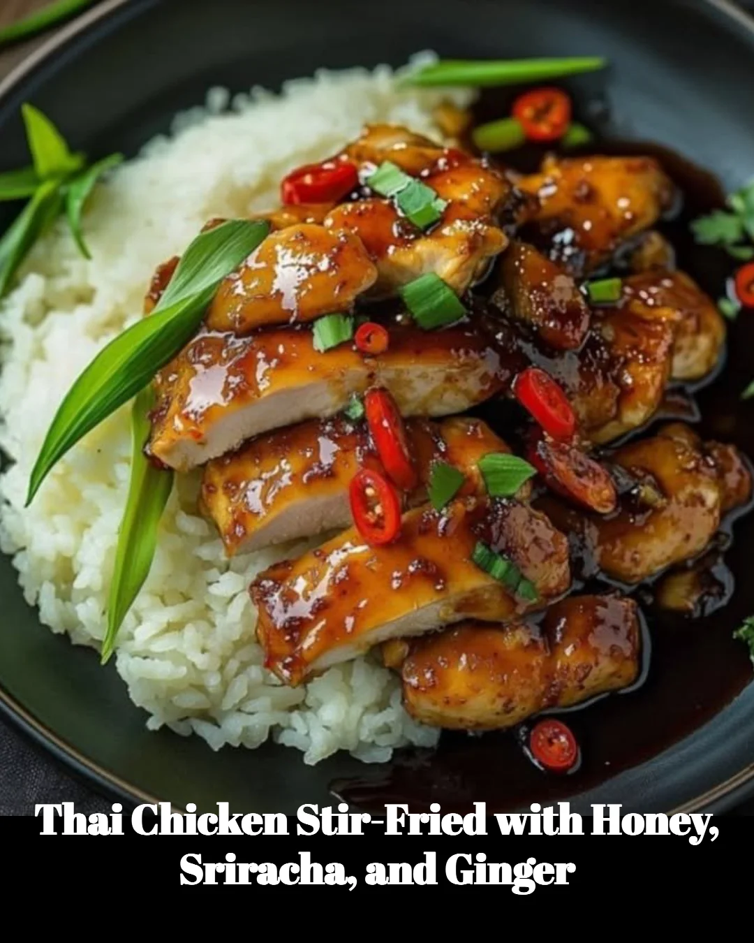 Delicious Thai chicken stir-fried with honey, Sriracha, and ginger on a plate.