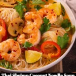 Delicious Thai shrimp coconut noodle soup in a bowl garnished with herbs