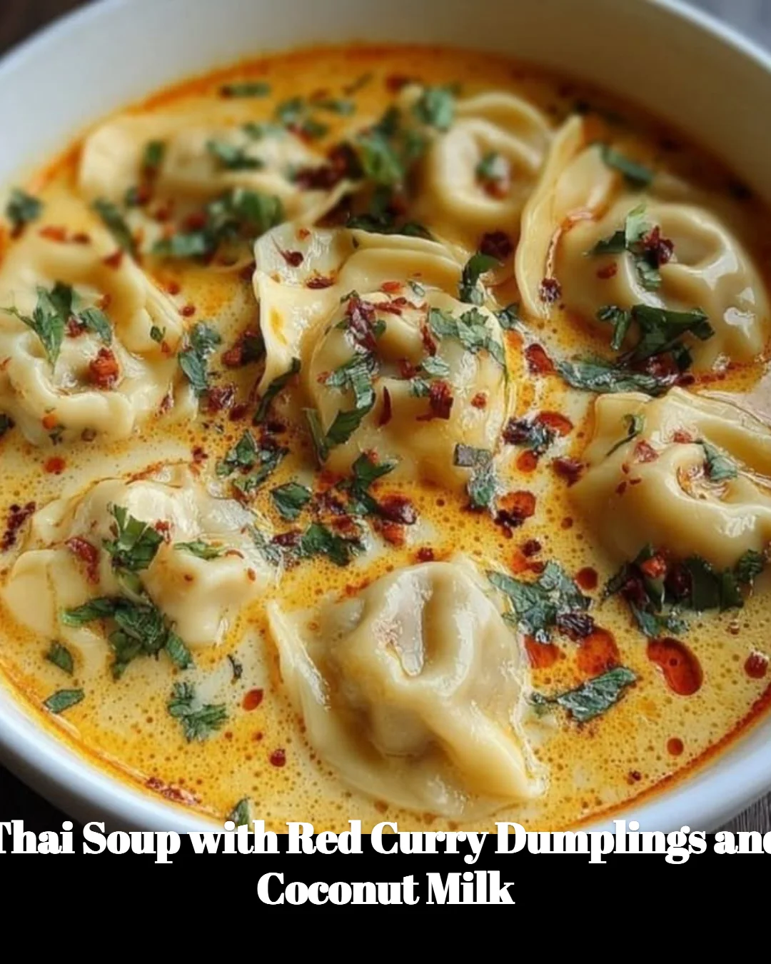 Thai soup with red curry dumplings and coconut milk served in a bowl