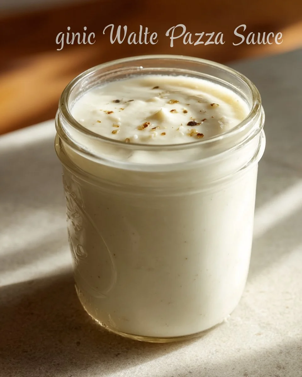 Creamy white garlic pizza sauce drizzled on freshly baked pizza