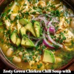 Zesty green chicken chili soup with white beans and avocado in a bowl.
