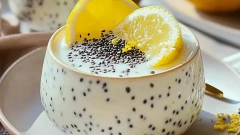Zesty lemon chia seed pudding served in a clear glass with fresh lemon slices