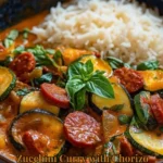 Delicious zucchini curry with chorizo and coconut milk served in a bowl.