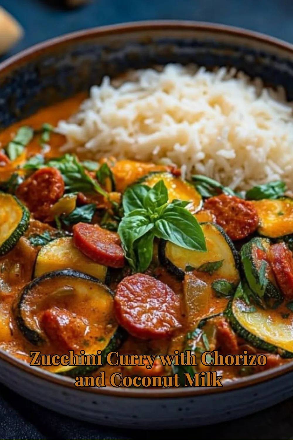 Delicious zucchini curry with chorizo and coconut milk served in a bowl.