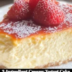 Slice of creamy yogurt cake on a plate with fresh berries.