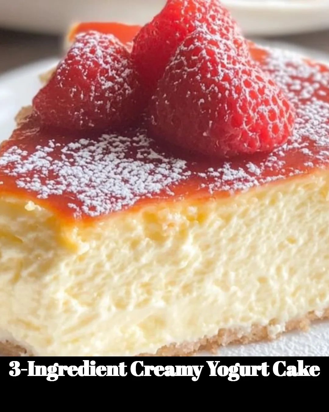 Slice of creamy yogurt cake on a plate with fresh berries.
