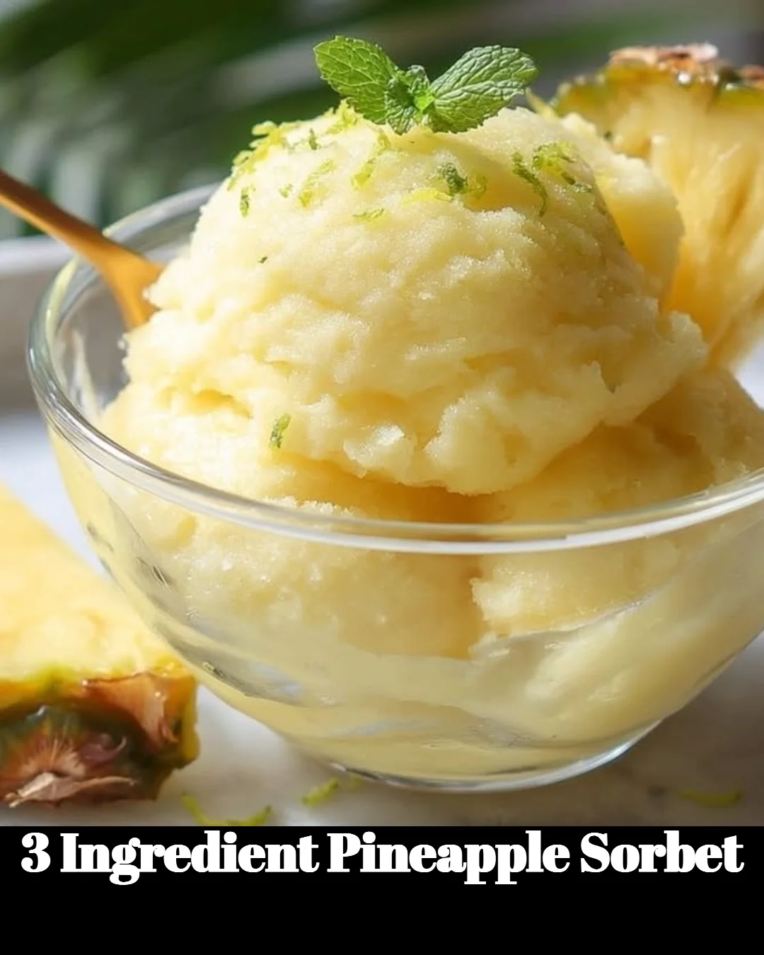 3 Ingredient Pineapple Sorbet in a bowl with fresh pineapple slices