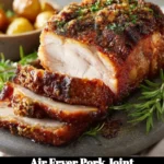 Air fryer pork joint cooked to perfection, showcasing crispy skin and juicy meat.