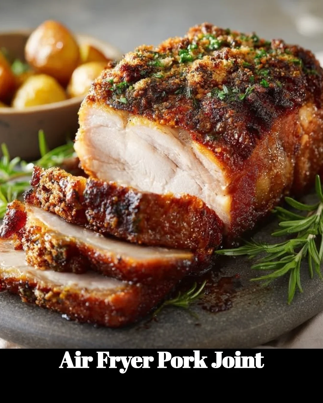 Air fryer pork joint cooked to perfection, showcasing crispy skin and juicy meat.