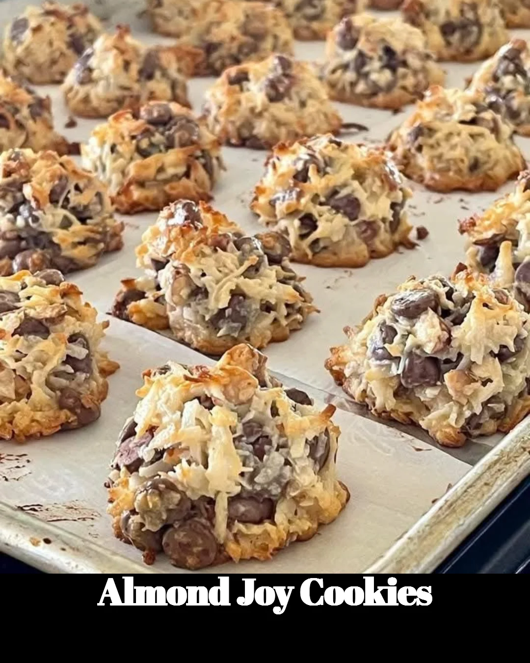 Freshly baked Almond Joy Cookies with chocolate drizzles and almonds