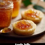 Homemade apple jelly in a jar with fresh apples and a spoon