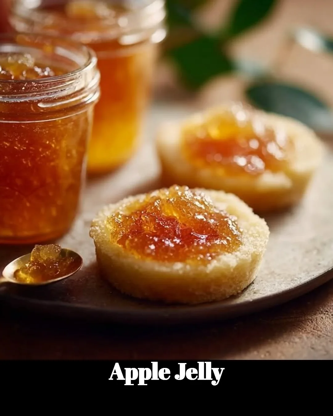 Homemade apple jelly in a jar with fresh apples and a spoon