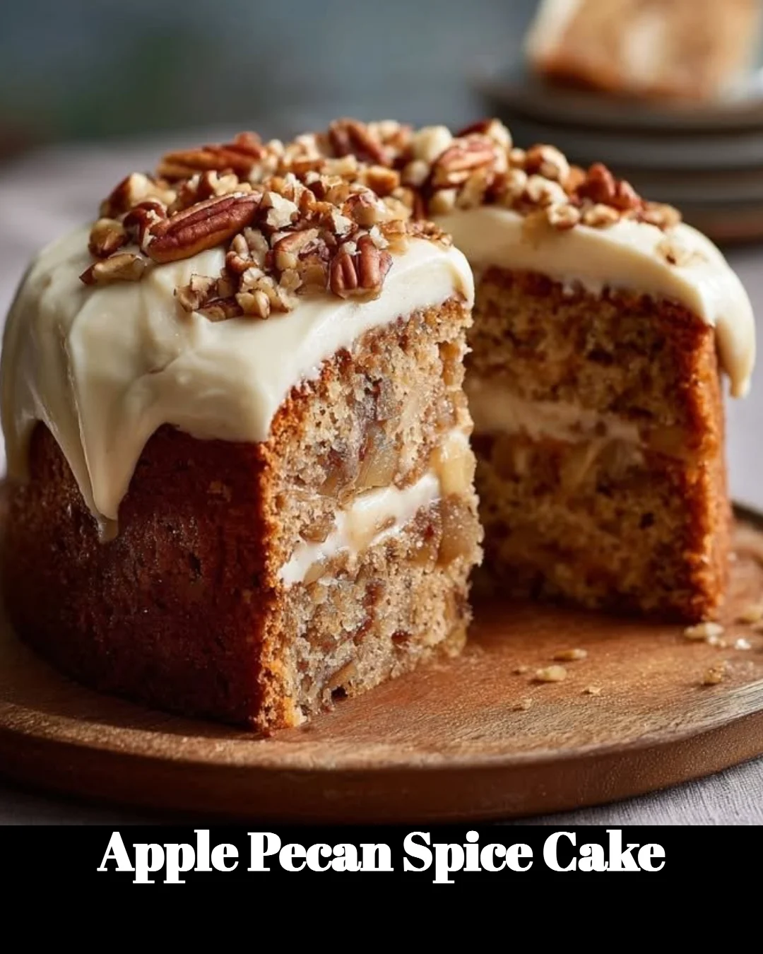 Delicious slice of Apple Pecan Spice Cake with nuts and apple slices
