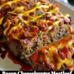 Delicious Bacon Cheeseburger Meatloaf topped with cheese and crispy bacon
