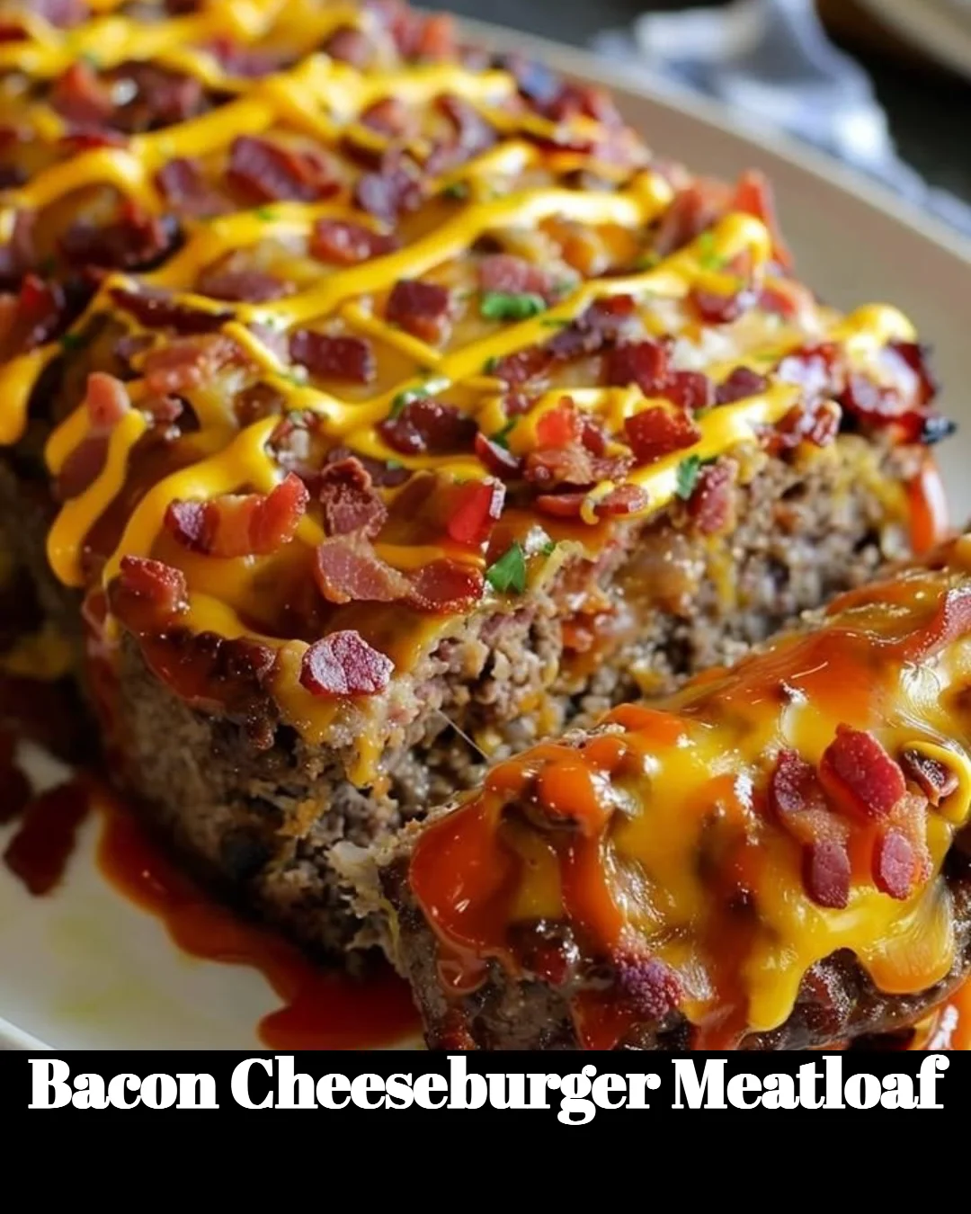 Delicious Bacon Cheeseburger Meatloaf topped with cheese and crispy bacon