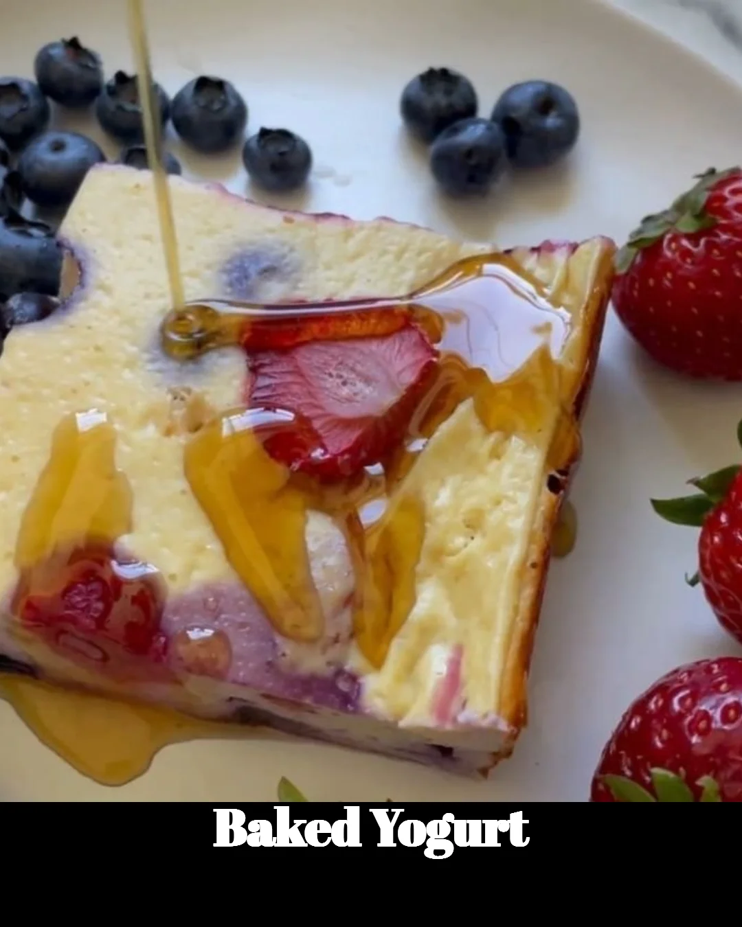 Delicious baked yogurt dessert garnished with fruits and nuts