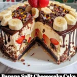 Delicious Banana Split Cheesecake Cake topped with bananas, cherries, and whipped cream