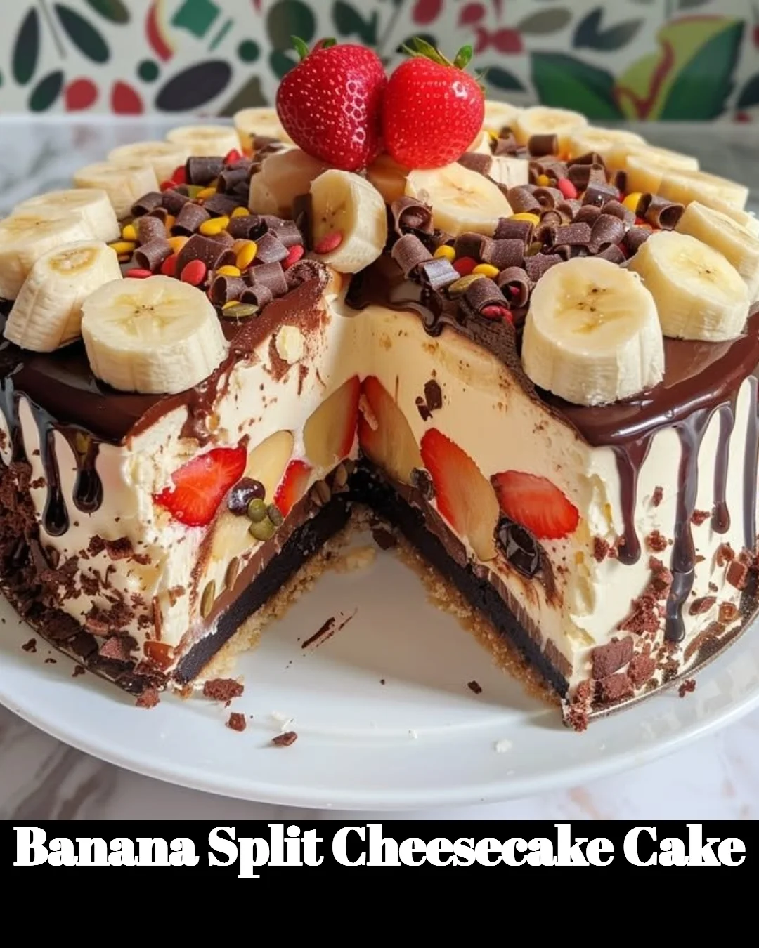 Delicious Banana Split Cheesecake Cake topped with bananas, cherries, and whipped cream