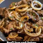 Plate of beef liver cooked with onions, garnished and ready to serve