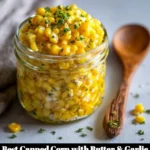Delicious canned corn with butter and garlic served in a bowl