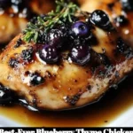 Delicious blueberry thyme chicken served on a plate with herbs and spices.