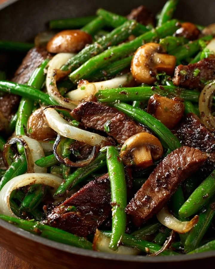 Delicious black pepper beef stir-fry with mushrooms and green beans