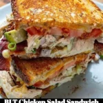Delicious BLT chicken salad sandwich with crispy bacon, lettuce, and tomato