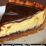 Slice of Boston Cream Pie Cheesecake topped with chocolate and whipped cream