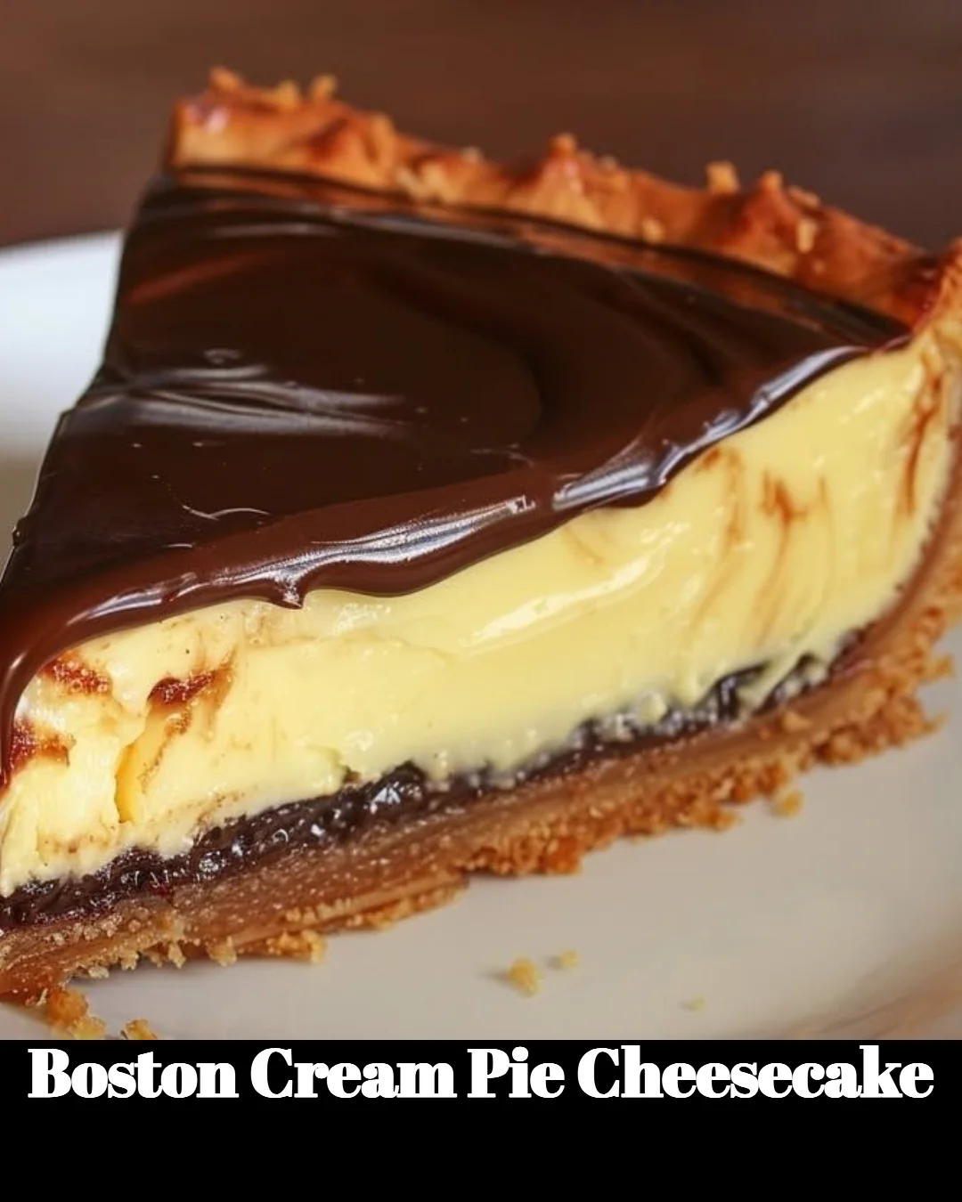 Slice of Boston Cream Pie Cheesecake topped with chocolate and whipped cream