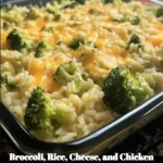 Delicious broccoli, rice, cheese, and chicken casserole in a baking dish