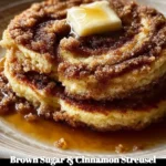 Fluffy brown sugar and cinnamon streusel pancakes stacked on a plate