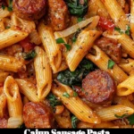 Delicious Cajun Sausage Pasta served in a bowl with spices and herbs.