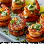 Cajun shrimp sweet potato bites served on a plate with dipping sauce