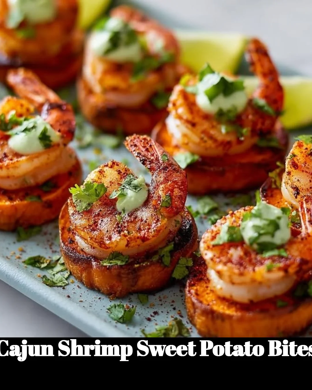 Cajun shrimp sweet potato bites served on a plate with dipping sauce