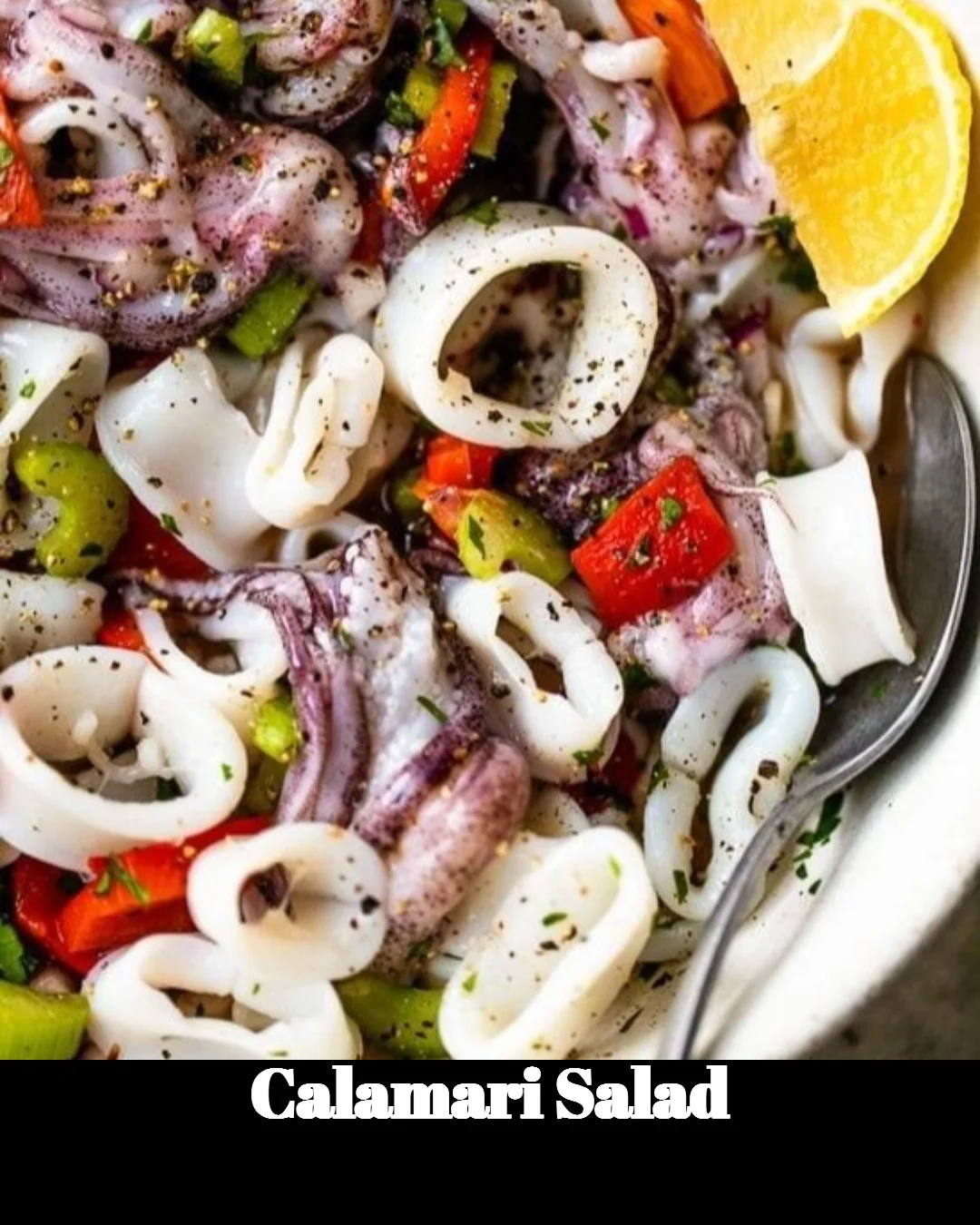 Delicious calamari salad with fresh vegetables and zesty dressing