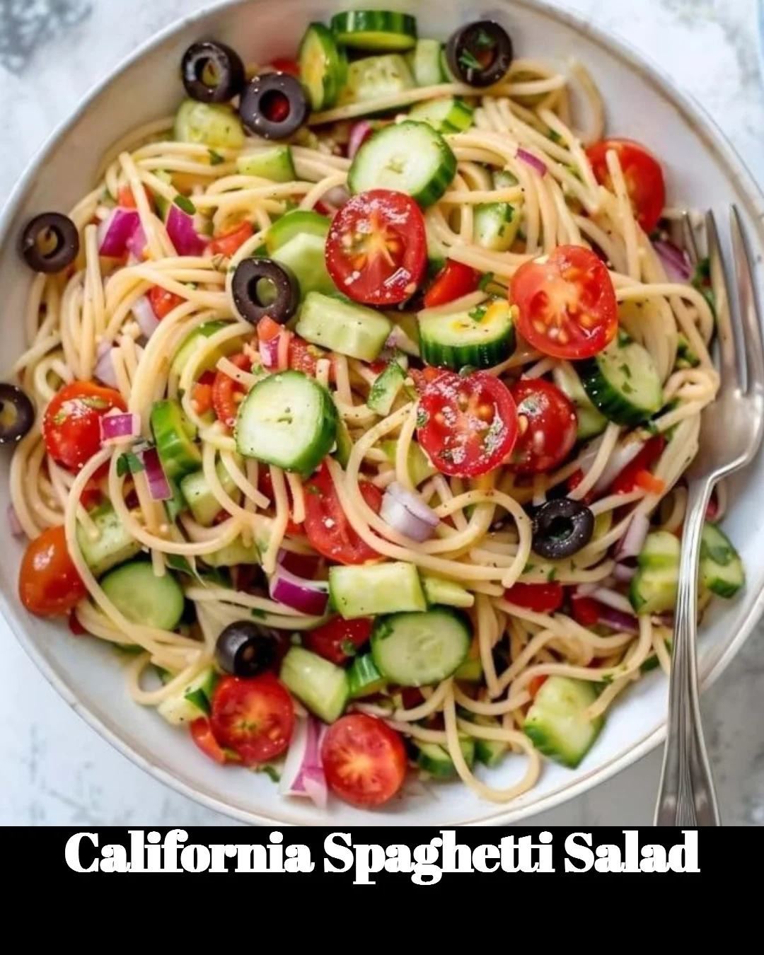 California Spaghetti Salad with fresh vegetables and dressing