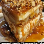 Slice of Caramel Apple Cheesecake Cake topped with caramel and apple slices.
