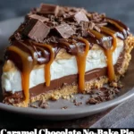 Slice of Caramel Chocolate No-Bake Pie on a plate