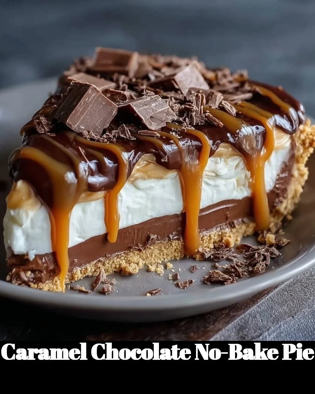 Slice of Caramel Chocolate No-Bake Pie on a plate