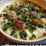 Bowl of cauliflower soup with sausage and kale, perfect for a cozy meal.