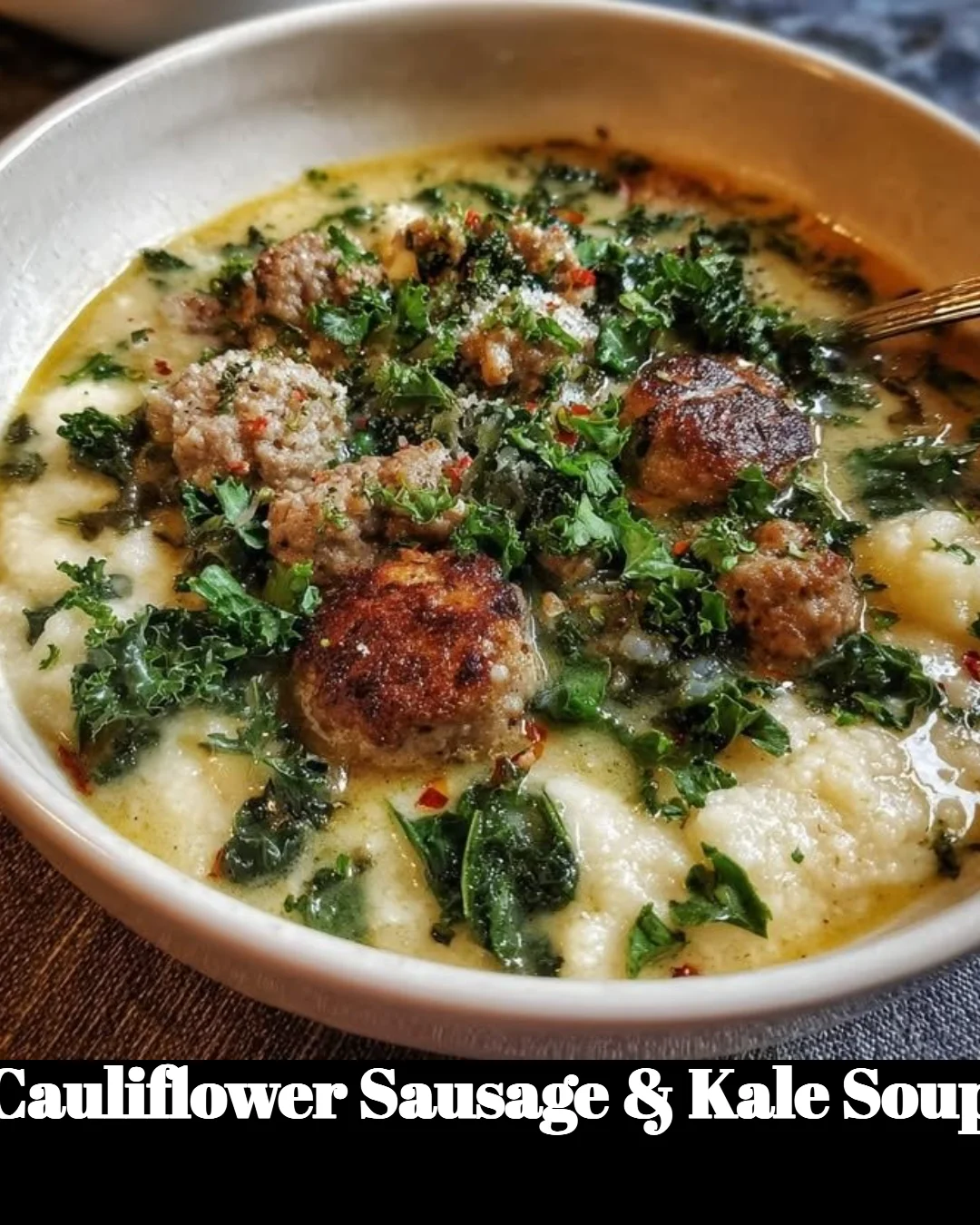 Bowl of cauliflower soup with sausage and kale, perfect for a cozy meal.